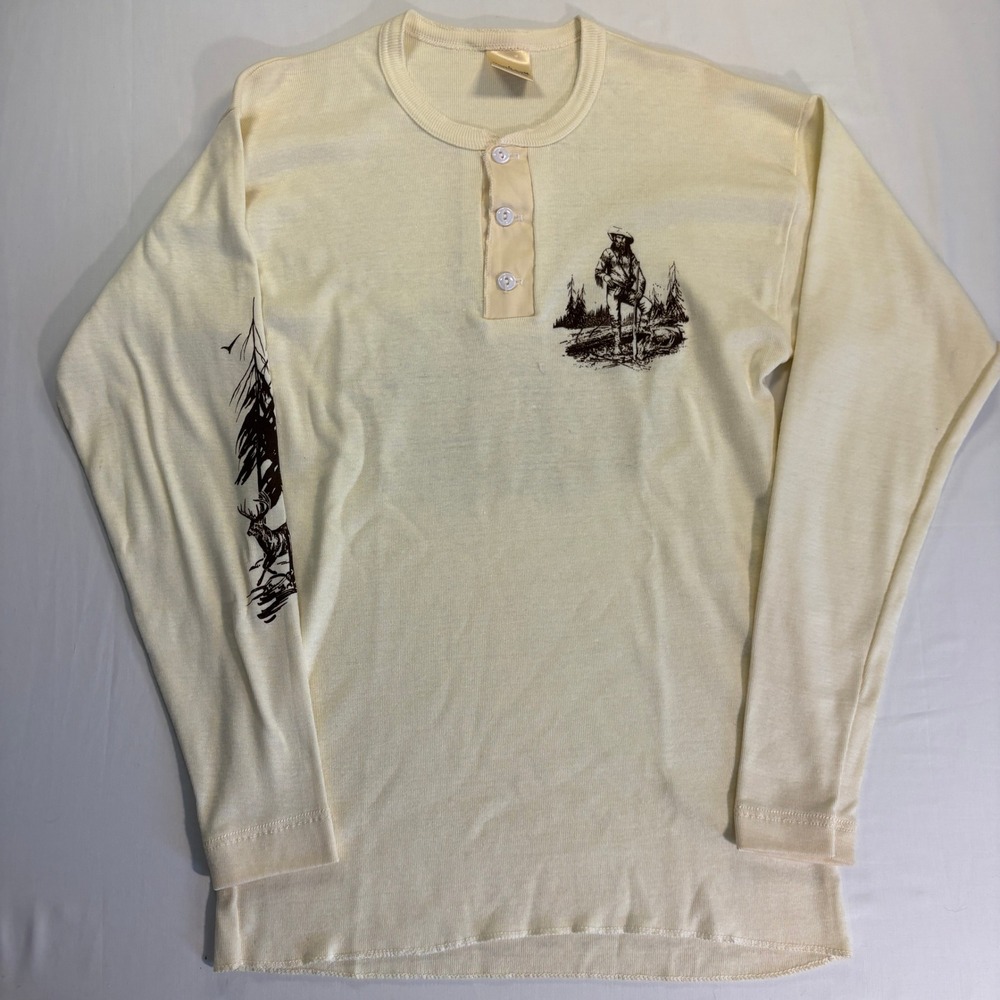 True Vintage 70s Dead Stock Healthknit Henley Shirt Mens L Made in USA Graphic